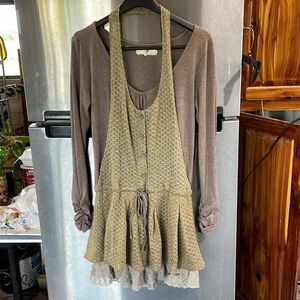 A’reve Brown Green Lace Overly Western Boho Dress women’s Size M Long Sleeve
